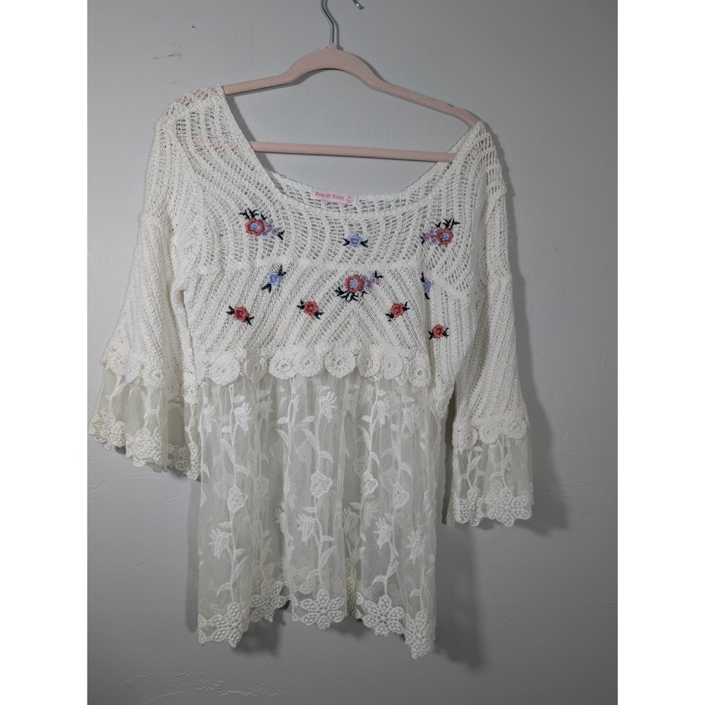 Ana Rose Shirt Top Womens XL Short Sleeve Embroidered Lace‎ Crochet Blouse